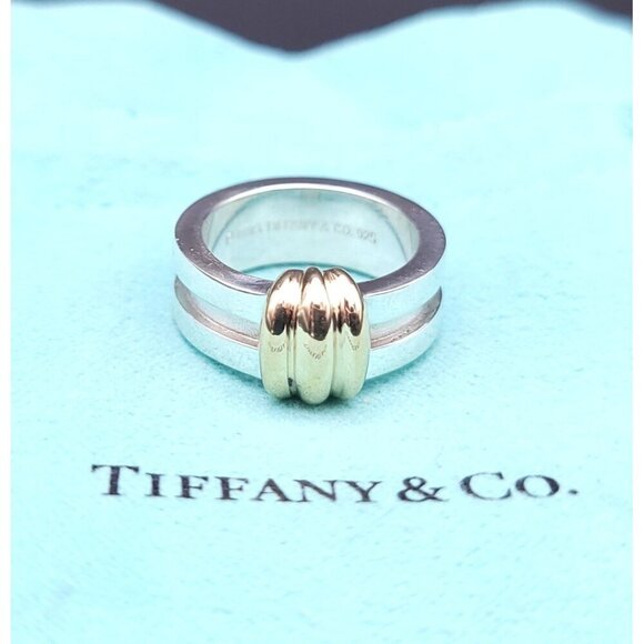 Tiffany & Co Vintage Sterling Silver 18kt Yellow Gold Atlas Groove Ring Size 5 - Picture 1 of 9
